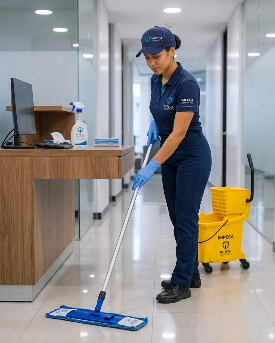 Profesional de Impeca Servicios haciendo aseo de pasillo