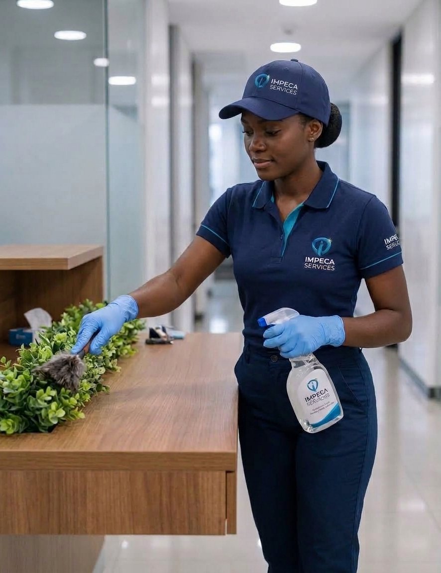 Professionnelle Impeca Services désinfectant une réception