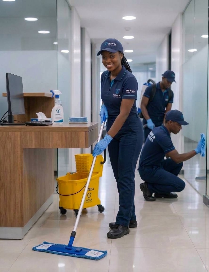 Équipe Impeca Services au travail dans un couloir de bureau