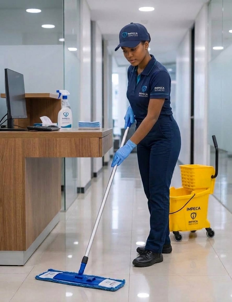 Professionnelle Impeca Services nettoyant le sol d'un bureau